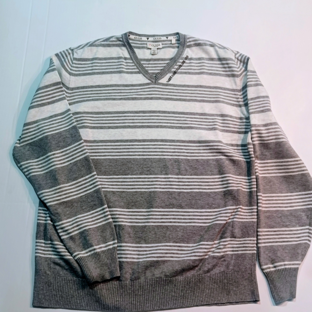 Guess Men's V-Neck Gray and White Striped Sweater